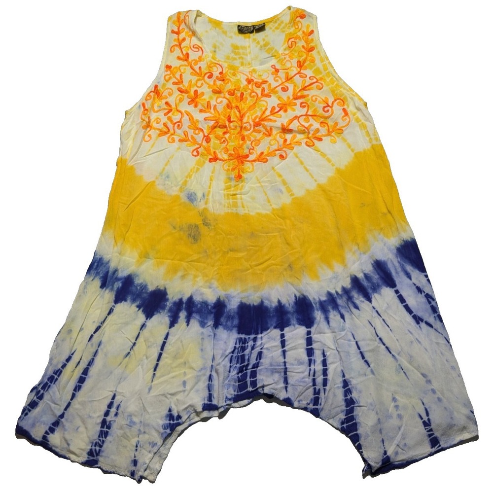 PAGODA‎ Women Free Size Tie Dye Rayon Embroidered Sleeveless BOHO Midi Dress